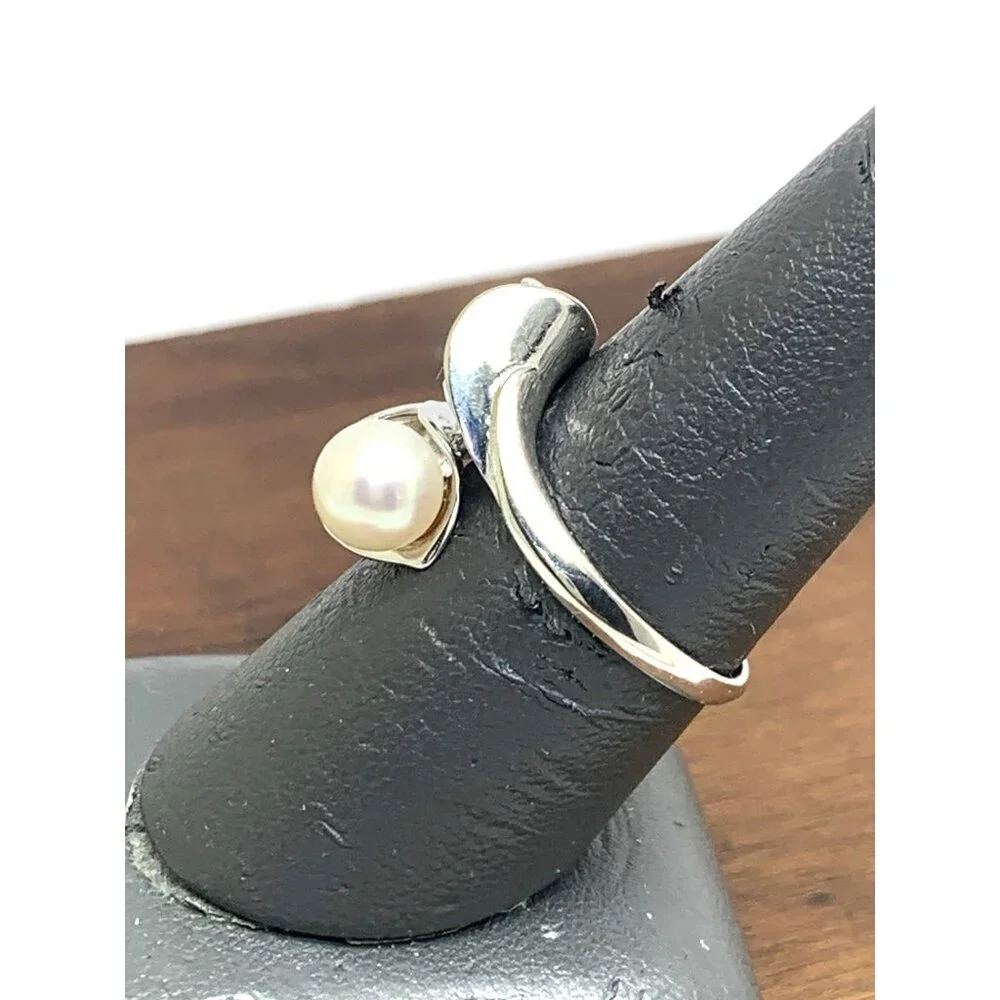 White Pearl 7mm Diamond Cocktail Ring 14k White Gold Estate Women's Size 8.25